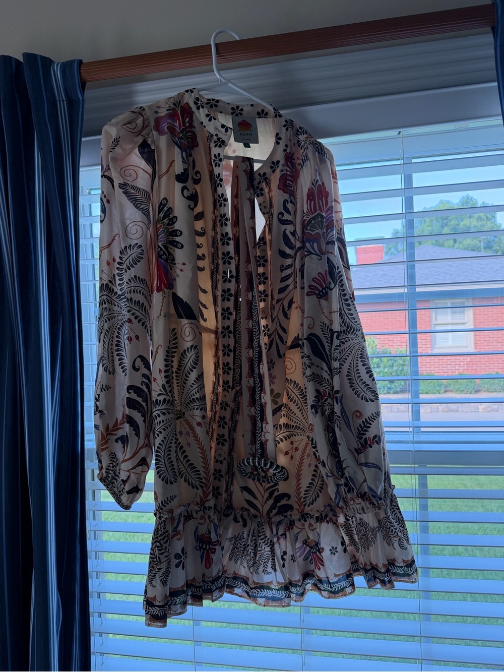 FARM Rio Cream Floral-Print Tunic with Tassel Tie